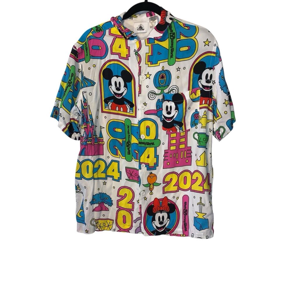 2024 Disney World 4 Parks Figment Mickey Icons White Button Up Shirt Size M